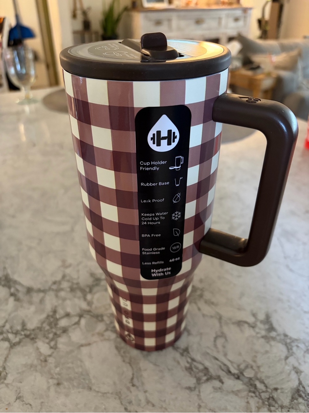 HydroJug Burgundy and Cream Plaid Insulated Travel Mug with Handle